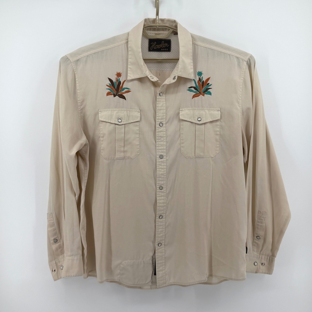 Howler Brothers Mens XL Tan Pure Agave Pearl Snap Long Sleeve Shirt Cream *READ*